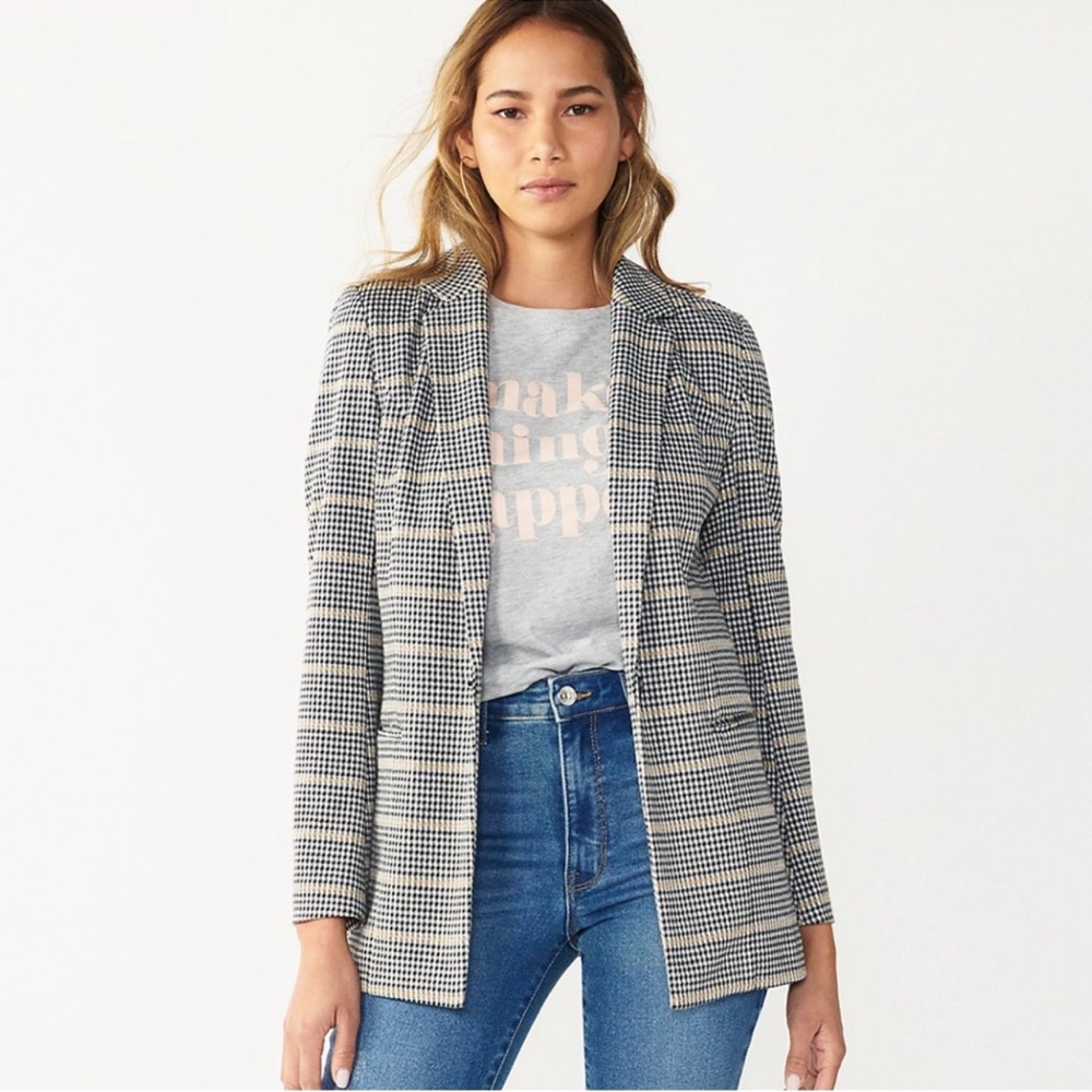 Nine West yellow black plaid blazer one button